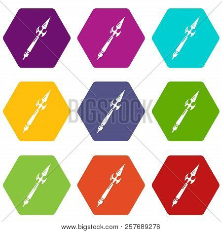 Spear Battle Icons 9 Set Coloful Isolated On White For Web