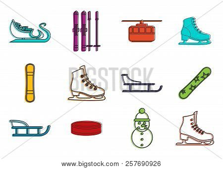 Winter Sport Icon Set. Color Outline Set Of Winter Sport Icons For Web Design Isolated On White Back