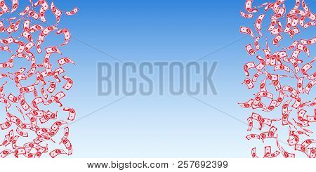 British Pound Notes Falling. Sparse Gbp Bills On Blue Sky Background. United Kingdom Money. Beauteou