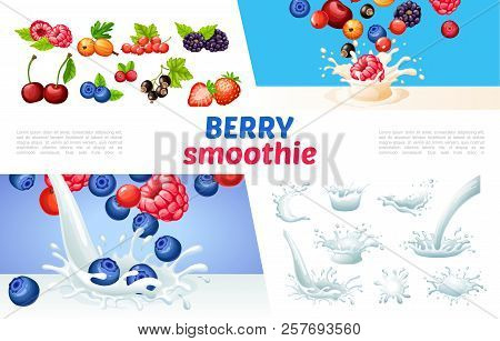 Cartoon Berry Smoothies Concept With Milk Splashes And Drops Blueberry Raspberry Strawberry Currants