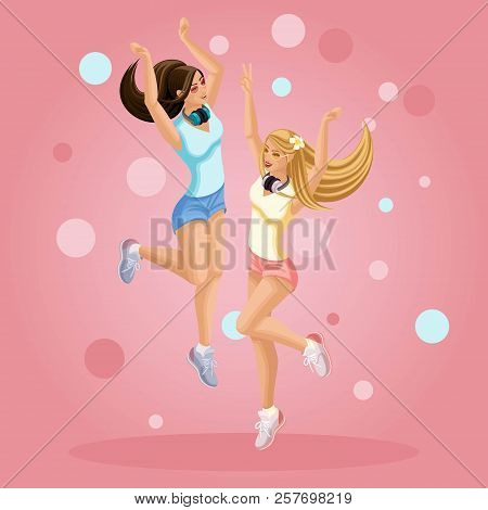 Isometrics Young Girls Are Happy, Jumping, Having Fun, Hair Developing In The Wind Teenager, Generat