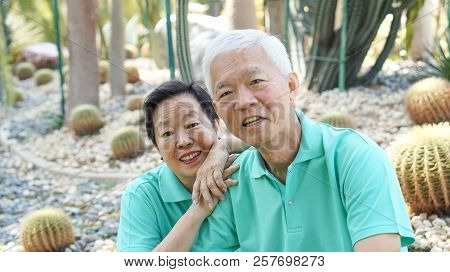Happy Asian Elderly Couple Laugh Together In Green Natural Park Background