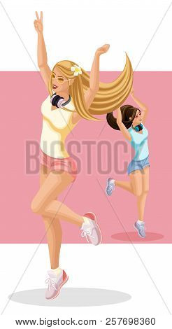 Isometrics Young Girls Are Happy, Jumping, Having Fun, Hair Developing In The Wind, Generation Z, Br
