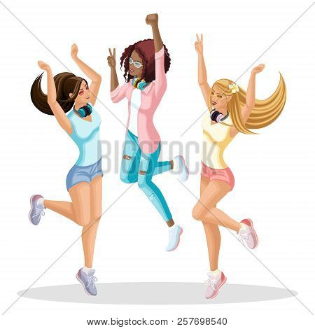 Isometrics Of Girls Jump, They Are Happy, Young Teenagers, Generation Z, Music Lovers. Summer Spring