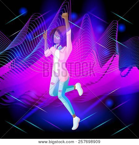 Isometric Girl On The Background Of Musical Waves, The Girl Is Dancing, Strands Of Hair Are Developi