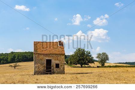 Lonely, Old Shed On A Corn Field In Summer In The Morvan, France.