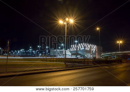Gdansk, Poland - August 23, 2018: City Center With Of Gdansk At Night. Night View With Forum Gdansk 