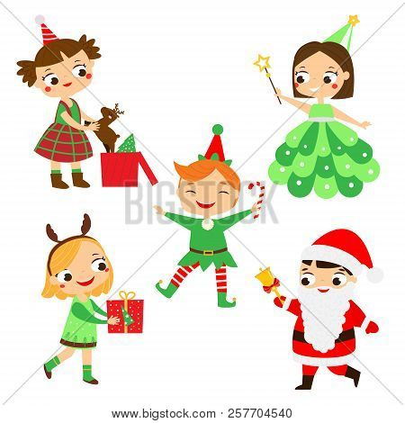 Christmas Kids. Happy New Year Children In Party Costumes Of Santa, Elf, Deer And Other