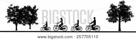 Family, Woman, Man, Children, With Bicycles On The Road - Silhouette - Isolated On White Background 
