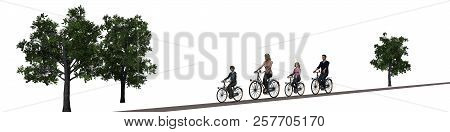 Family, Woman, Man, Children, With Bicycles On The Road - Silhouette - Isolated On White Background 
