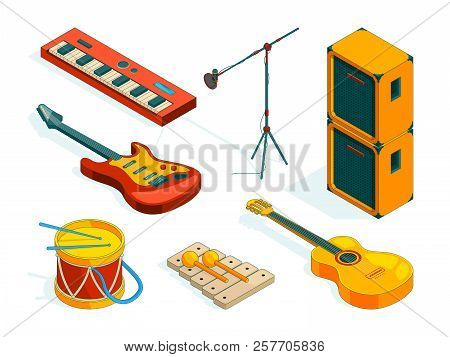 Isometric Music Tools. Vector Pictures Instruments Of Musicians. Illustration Oif Guitar Instrument,