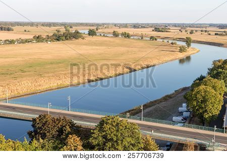 View Of The Bridge And River Elbe In Torgau, Saxony, Germany