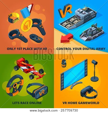 Vr Computer Games. Digital Entertainment Immersive Experience Peoples Playing Virtual Reality Helmet