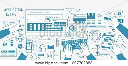 Horizontal Banner With Hands And Various Electronic Devices Drawn With Contour Lines On White Backgr