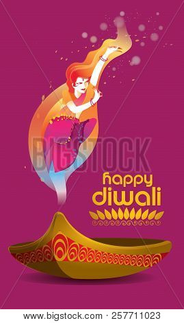 Vector For Deepavali Or Diwali, With A Dancing Woman, Oil Lamp And Deepavali Greetings.