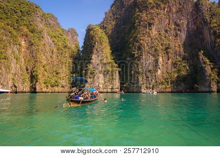 Koh Phi Phi, Thailand - April 3, 2018 : Pileh Lagoon On The Koh Phi Phi Island With Boats, People Sw