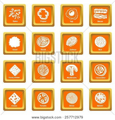 Slice Food Icons Set Orange Square Isolated On White Background