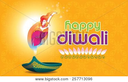 Vector For Deepavali Or Diwali, With A Dancing Woman, Oil Lamp And Deepavali Greetings.