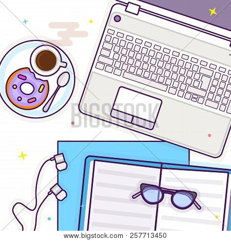 Flat Lay With Glasses, Laptop, Open Book, Headphones, A Donut And Coffee