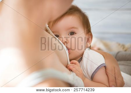 Mother Is Breastfeeding Her Baby At Home. Mother Breastfeeding Baby In Her Arms At Home