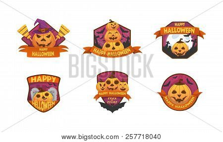 Set Of Cartoon Style Happy Halloween Labels And Budges.with Pumpkin Heads. Bats, Moon, Tombstone Sti