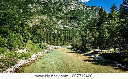 Idyllic Mountain River In Lepena Valley, Soca - Bovec Slovenia.