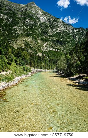 Idyllic Mountain River In Lepena Valley, Soca - Bovec Slovenia.