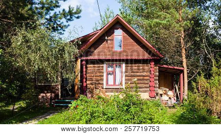 Rural Log House In Green Garden On Sunny Summer Day In Tver Region Of Russia