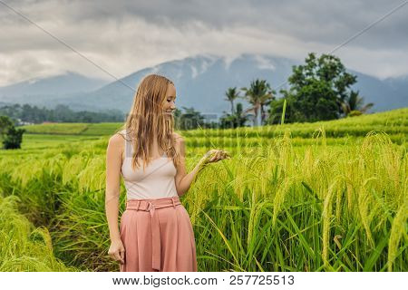 Young Woman Traveler On Beautiful Jatiluwih Rice Terraces Against The Background Of Famous Volcanoes