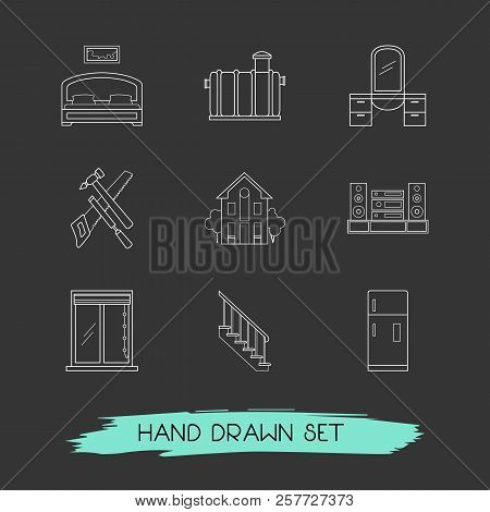Set Of Design Icons Line Style Symbols With Septic Tank, Sound System, House And Other Icons For You