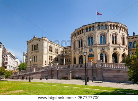 The Storting building (Stortingsbygningen),  the seat of the Storting, the parliament of Norway,  Central Oslo, Norway, Scandanavia