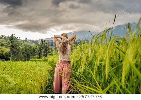 Young Woman Traveler On Beautiful Jatiluwih Rice Terraces Against The Background Of Famous Volcanoes