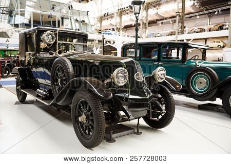 Brussels, Belgium - August 25, 2015 - Autoworld Museum, Old Cars Collection Showing The History Of A