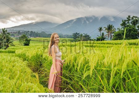 Young Woman Traveler On Beautiful Jatiluwih Rice Terraces Against The Background Of Famous Volcanoes