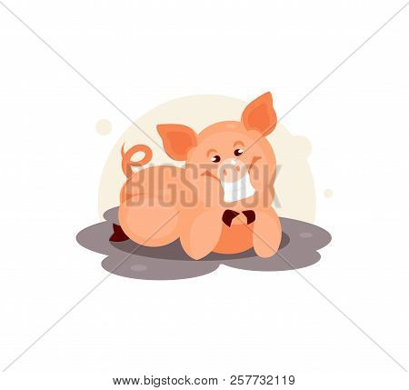 Cartoon Pig Bathing In A Puddle Of Mud. Humorous Vector Illustration