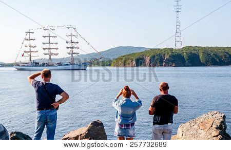 The Movement Of Sailing Ship Nadezhda In The Amur Bay Of The Bosporus Easern Strait In The Backgroun