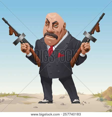 Gangster In Stylish Business Fashion Suit And Sneakers Armed With Two Machine Guns. Bandit Of Wild W