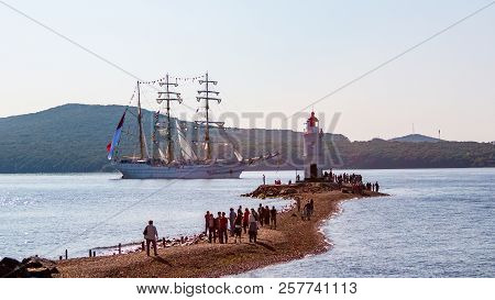 The Movement Of Sailing Ship Bimasuci In The Amur Bay Of The Bosporus Easern Strait In The Backgroun