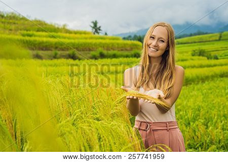 Young Woman Traveler On Beautiful Jatiluwih Rice Terraces Against The Background Of Famous Volcanoes
