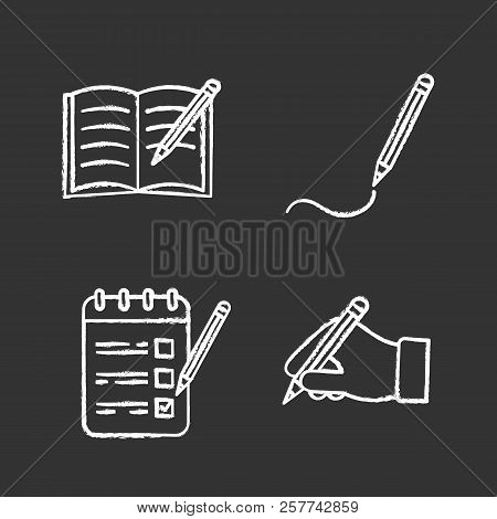 Writing With Pencil Chalk Icons Set. Copy Book, Drawing, To Do List, Hand Holding Pencil. Isolated V
