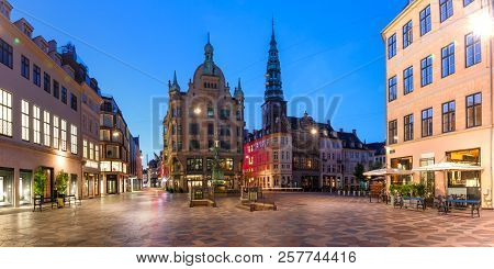 Stork Fountain On The Amagertorv Square, Stroget Street During Morning Blue Hour, Copenhagen, Capita