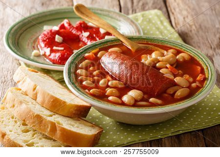 Country Style, Pasulj (grah) Bean Soup With Sausage Served With Bread And Marinated Bell Pepper Clos