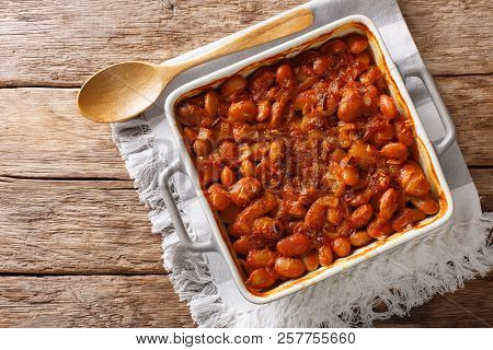 Baked Spicy Beans Prebranac Close-up In A Baking Dish. Horizontal Top View From Above