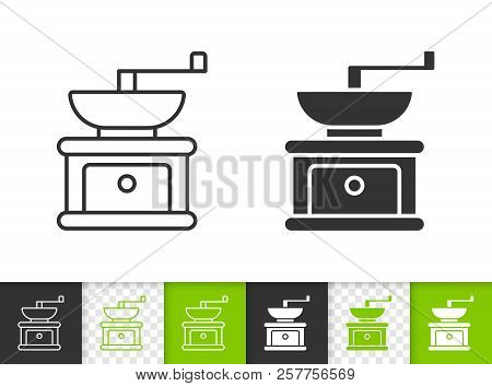 Coffee Grinder Black Linear And Silhouette Icons. Thin Line Sign Of Hand Grind. Bean Mill Outline Pi