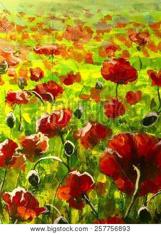 Meadow With Beautiful Bright Red Poppy Flowers In Spring Original Painting Modern Nature Landscape I