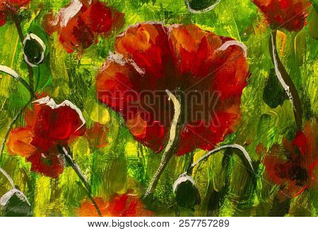 Meadow With Beautiful Bright Red Poppy Flowers In Spring Original Painting Modern Nature Landscape I