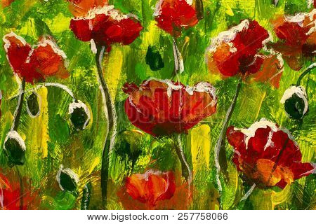 Meadow With Beautiful Bright Red Poppy Flowers In Spring Original Painting Modern Nature Landscape I
