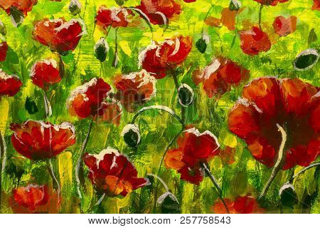Meadow With Beautiful Bright Red Poppy Flowers In Spring Original Painting Modern Nature Landscape I
