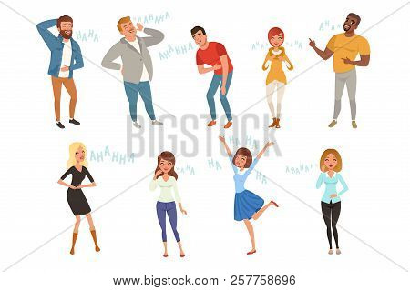 Colorful Icon Set With Loudly Laughing People At Funny Joke. Cartoon Men And Women Characters In Cas