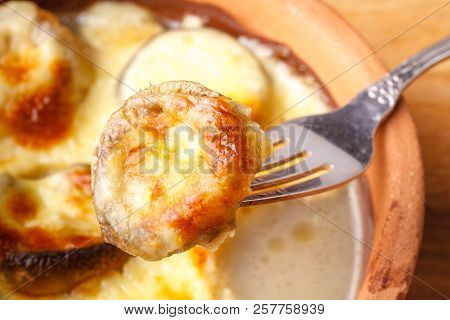 Georgian Cuisine: Close Up Mushrooms Baked With Cheese Suluguni On Ketsi